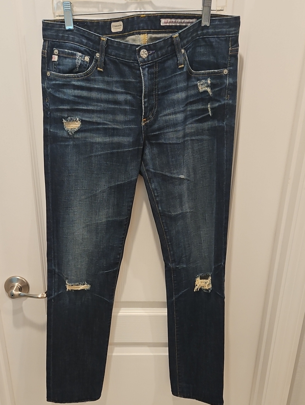 AG Adriano Goldschmied Women’s Straight Leg Jeans - Dark Blue Distressed 31